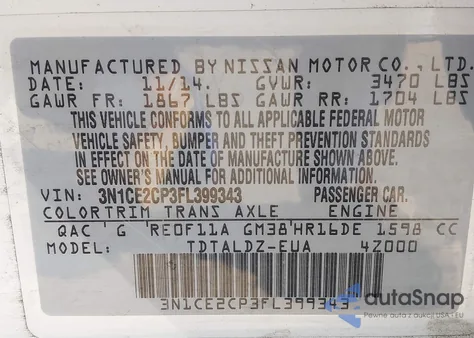 2015 Nissan Versa Note Sv z USA, uszkodzony, nr VIN 3N1CE2CP3FL399343